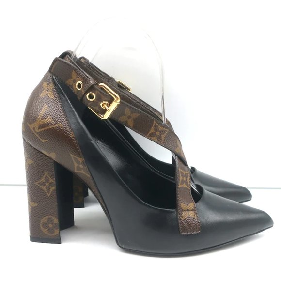 Louis Vuitton Matchmake Pumps Brown Monogram Canvas & Black Leather Size 37.5 - Picture 3 of 12